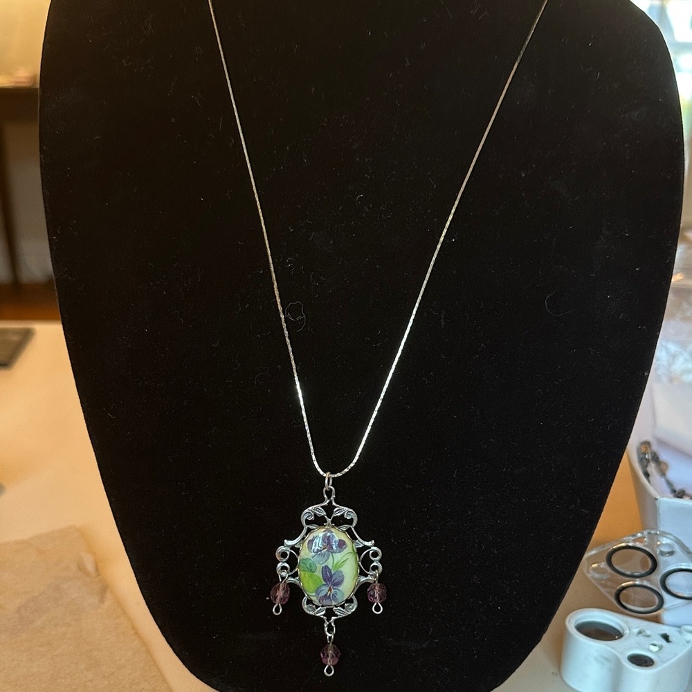 Victorian Floral Purple Violet Ceramic Pendant on Necklace